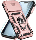 SunStory Phone Case for iPhone 17 Pro Case with HD Screen Protector & Slide Camera Cover & Rotated Ring Kickstand, [Military-Grade] Phone Case for iPhone 17 Pro, Rose Gold by SunStory