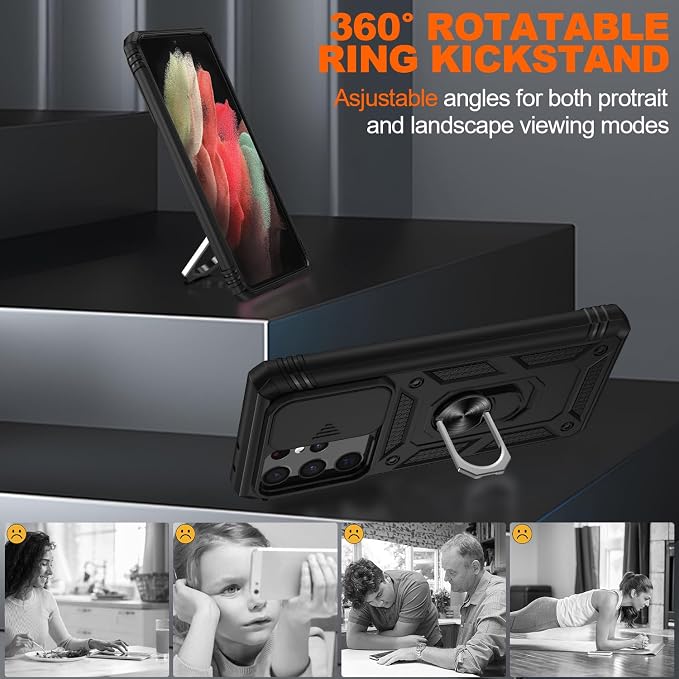 Gritup for Samsung Galaxy S21 Ultra Case with 2PCS Screen Protector, Build in 360° Rotating Ring Kickstand, Military Grade Protective Case for Galaxy S21 Ultra 5G Phone, Black - Image 8