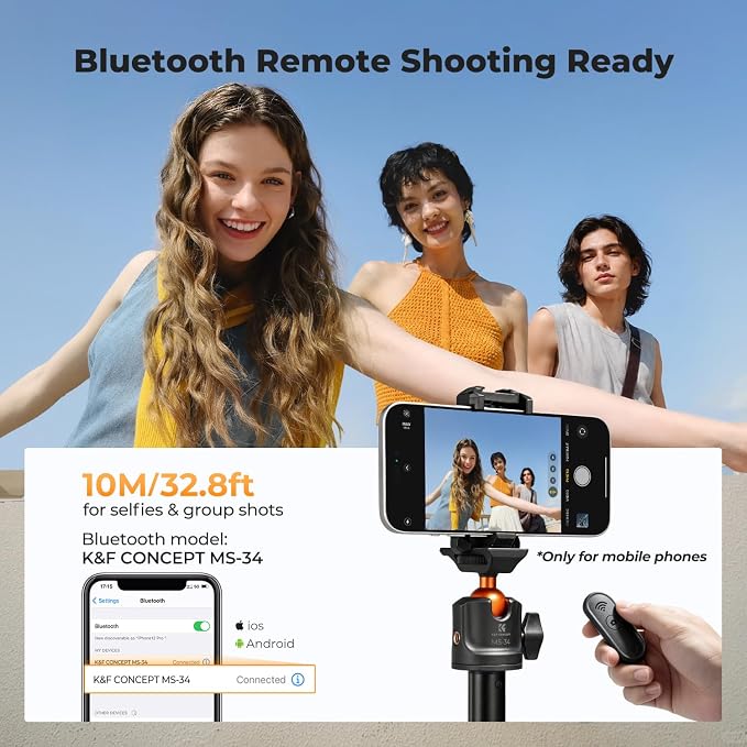 K&F CONCEPT Auto Open 62'' Selfie Stick Tripod with Remote for Vlog | 360° Ball Head Camera Tripod with 2-in-1 Phone Holder, Compatible with DJI Osmo Pocket 3 4 Insta360 Luna Ultra. MS34 - Image 6