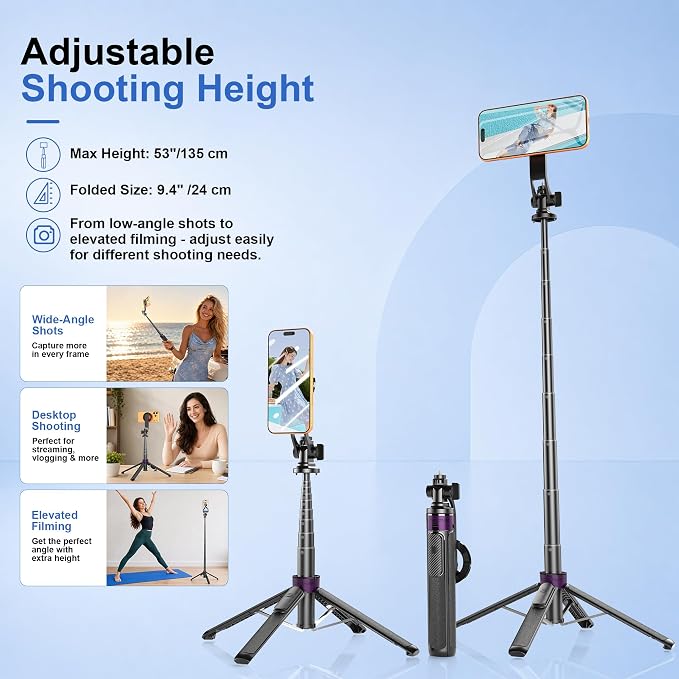 53" Magnetic Selfie Stick Tripod for Phone/Action Camera, 1/4" Mount | Aluminum Alloy Pole, 360° Rotation, 4-Leg Base & Wireless Remote Compatible with iPhone17 Pro&Action Camera for Travel Photos - Image 5