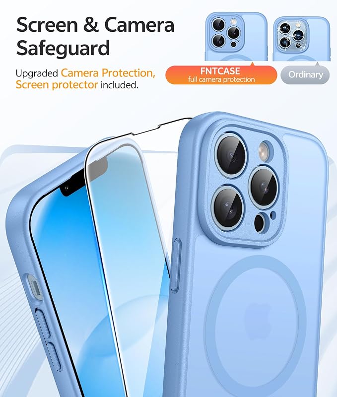FNTCASE for iPhone 13 Pro Case, Fit for Magsafe, Screen Protector | Full Camera Protection, Translucent Matte, 14FT Military Grade Drop Proof, Shockproof Protective Phone Cover, Light Blue - Image 4