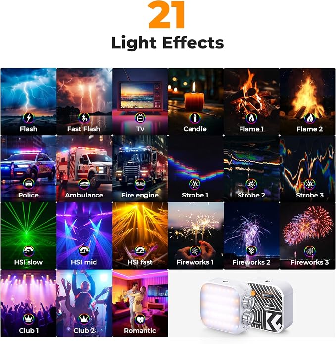 K&F CONCEPT RGB Video Light 21 Light Effects, 2500K-9900K, CRI 96+, White | 360° Full Color Portable Light, Magnetic Rechargeable LED Panel Camera Light with 1/4" Screw Mount for Vlogging, Selfie L01 - Image 5