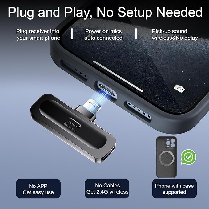 2-Pack Wireless Mini Lavalier Lapel Microphone for iPhone,iPad(Lightning) - 65ft Cordless Clip on Dual Mics with Noise Reduction 6H Working Time for Video Recording Vlogging, YouTube, Interview - Image 3