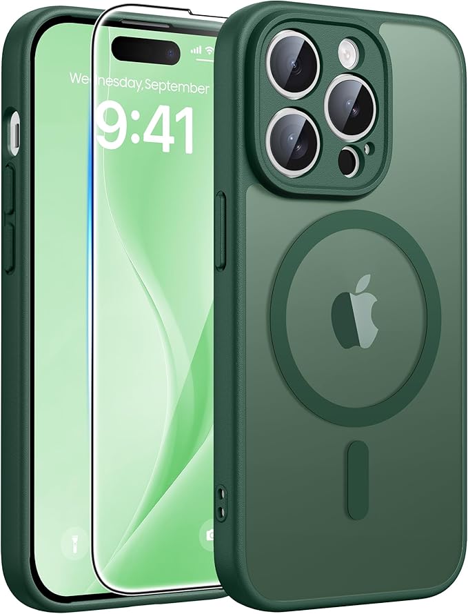 FNTCASE for iPhone 14 Pro Max Case, Fit for Magsafe, Glass Screen Protector | Full Camera Protection, Translucent Matte, 14FT Military Grade Drop Proof, Shockproof Protective Phone Cover, Green by FNTCASE