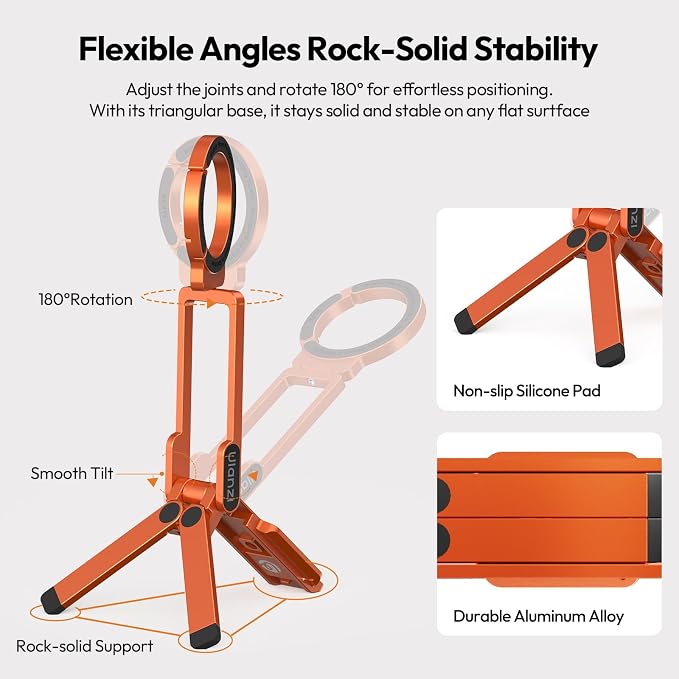 ULANZI MA38 Magnetic Phone Tripod for iPhone, Portable Phone Holder Orange | Portable Phone Tripod for Magsafe w Foldable Hook Double-Sided 1/4'' Screw for Travel Vlog Selfie iPhone 17/16/15/14/13 - Image 6