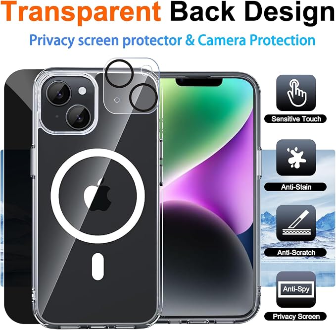 for iPhone 14 Case Clear with Privacy Screen Protector | Full Camera Protection, Transparent Magnetic, Compatible with MagSafe, Shockproof Phone Cover, Slim Fit - Image 2
