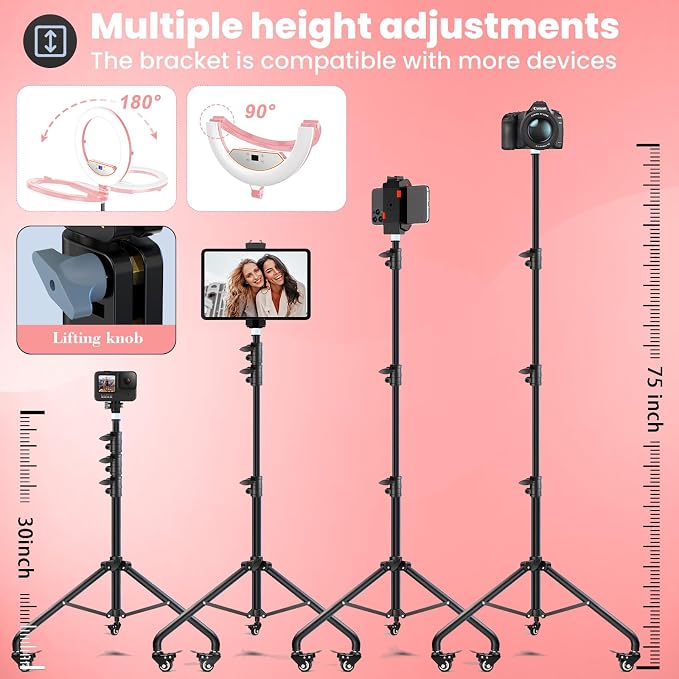 22" Foldable Ring Light with Stand for iPhone ipad, 75" Tripod with Wheels 50W 6500K LED Display/2 USB Ports Large Ringlight Rolling, Tattoo Barber Makeup Studio Video Photography Lighting(Pink) - Image 5