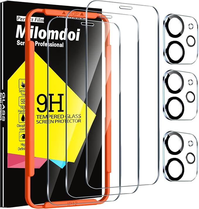 Milomdoi Screen Protector for Apple iPhone 12, Tempered Glass | 3+3 Pack, 9H+ Hardness, Camera Lens Protector, Military Grade Shatterproof, Easy Installation, No Bubbles, Case Friendly by Milomdoi