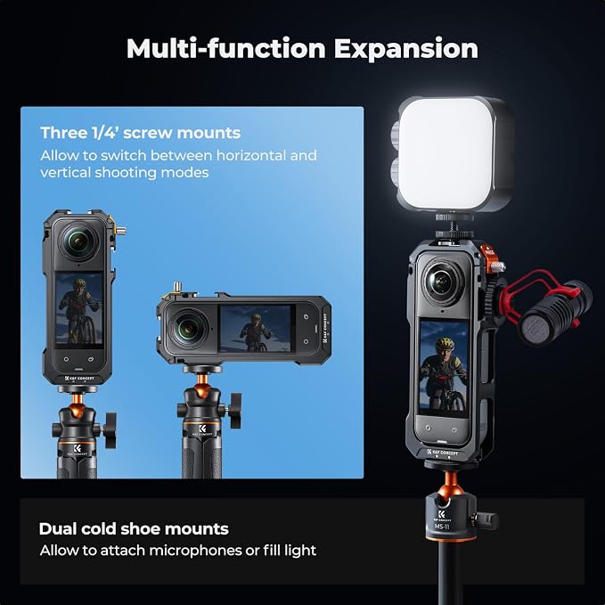 K&F Concept Standard Camera Cage with Silicone Lens Cover for Insta360 X5 | Aluminum Alloy Protective Frame Case |1/4" Screw Hole | 2 Cold Shoe Mounts for Microphone and LED Video Light CI01 - Image 3