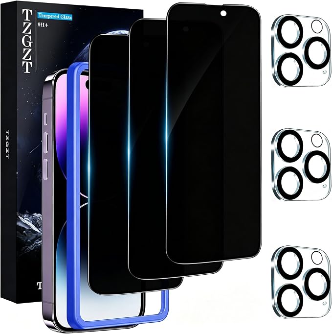 TZGZT Privacy Screen Protectors for iPhone 14 Pro Max, Tempered Glass, HD | 3 Pack, 9H+ Hardness, Military Grade Shatterproof, Easy Installation, Bubble Free, Case Friendly, Dynamic Island Compatible by Unknown