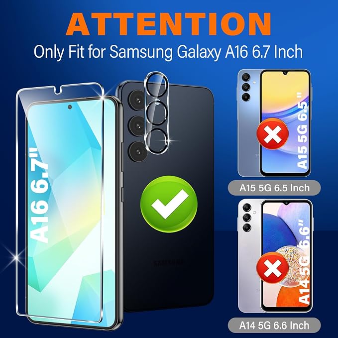 firtstnow 3 Pack for Samsung Galaxy A16 5G Screen Protector Tempered Glass + 3 Pack Camera Lens Protector, Military Grade Shatterproof, 9H Hardness, Fingerprint Unlock, Case Friendly 6.7 Inch - Image 2