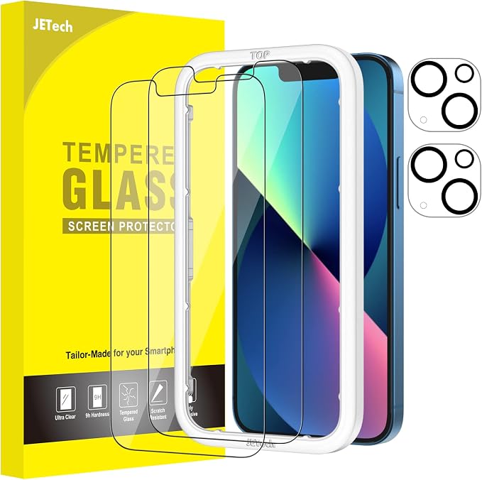 JETech Screen Protector for iPhone 13 mini, 2+2 Pack | with Camera Lens Protector, HD Clear Tempered Glass, Anti-Scratch Protection, Easy Installation Tool by JETech