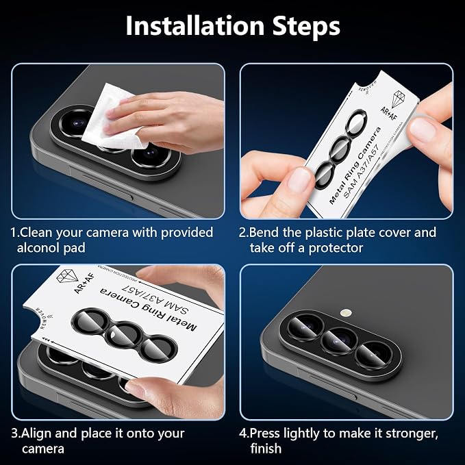 for Samsung Galaxy A37/A57 Camera Lens Protector, Individual Metal Ring Tempered Glass Lens Cover, [Strong Adsorption] Scratch Resistant Ultra-Thin HD Clear Lens Cover, 1 Set-Black Ring - Image 6