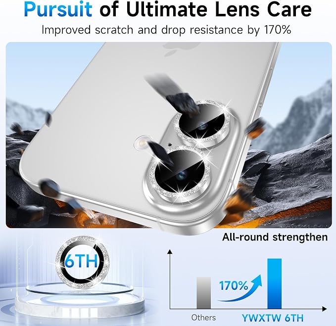 YWXTW Camera Lens Protector for iPhone 17, Individual Bling Glitter Metal Ring Tempered Glass Camera Screen Protector for iPhone 17 Accessories, Case Friendly (Glitter Silver) - Image 3