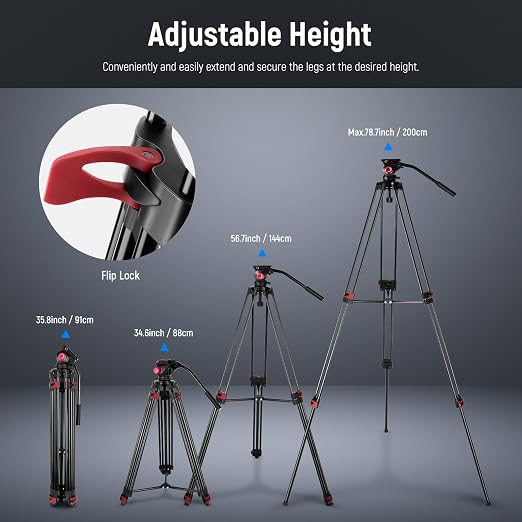 NEEWER 79"/200cm Video Tripod, Heavy Duty Aluminum Alloy Camera Tripod Stand with 360° Fluid Drag Head, QR Plate Compatible with Canon Nikon Sony and Other DSLR Camera Camcorder, Load Up to 17.6lb/8kg - Image 2