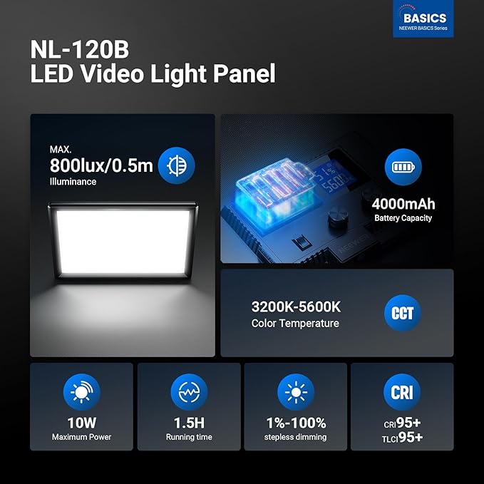 NEEWER Basics 9" LED Light Panel with Desk Tripod Stand, Edge Lit, NL-120B | 3200K-5600K Dimmable, Camera Soft Key Lighting, CRI95+ 800Lux, 4000mAh Rechargeable, Photography Video Recording Streaming - Image 2