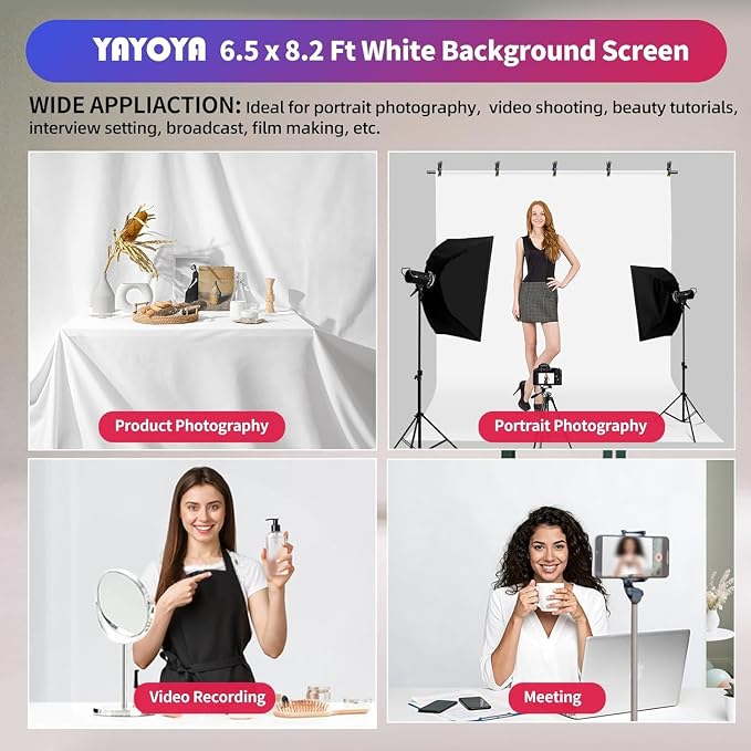 White Backdrop with Stand, 6.5x8.2FT Background with 7.5x7.9FT Stand | Wider backdrop with stand kit, adjustable, portable, carry bag & 5 clamps, white photo backdrop for photography video studio - Image 6