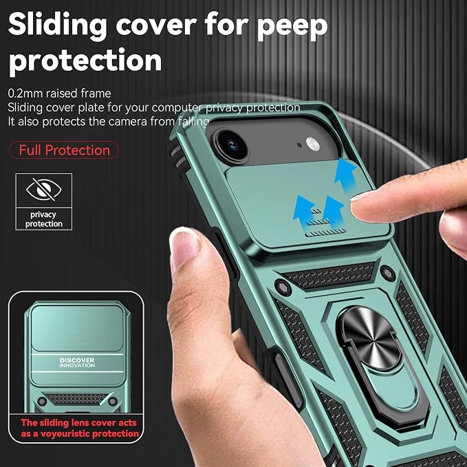 SunStory Phone Case for iPhone Air Case with HD Screen Protector & Slide Camera Cover & Rotated Ring Kickstand, [Military-Grade] Phone Case for iPhone 17 Air, Green - Image 3