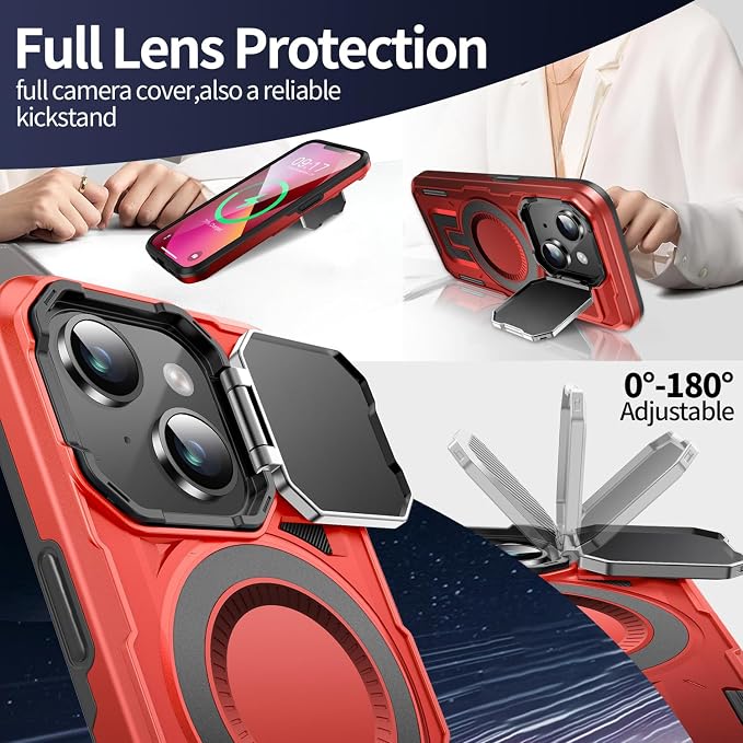 Camera Stand Case for iPhone 14 Plus, [Compatible with Mag Safe] [Lens Cover] 2024 Version Military Grade Protective Soft Case for iPhone 14 Plus 6.7 inch Men Women, Red - Image 3