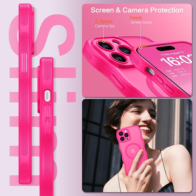 BENTOBEN Magnetic for iPhone 13 Pro Max Case, Cute Wavy [Full Camera Protection][Compatible with MagSafe] Matte Anti-Slip Bumper Women Girls Boys Protective Cover for 13 ProMax 6.7", Hot Pink - Image 2