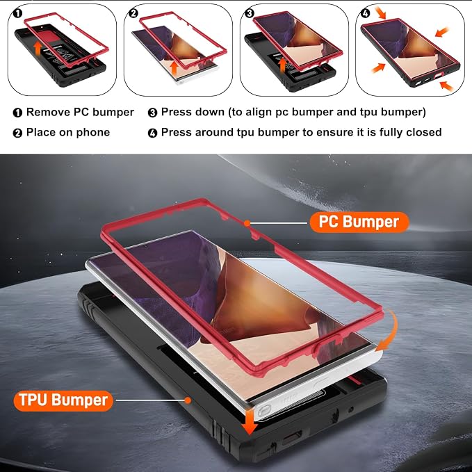 for Samsung Galaxy Note 20 Ultra Case with 2PCS Screen Protector, Build in 360° Rotating Ring Kickstand, Military Grade Protective Case for Note 20 Ultra Phone, Red+Black - Image 4