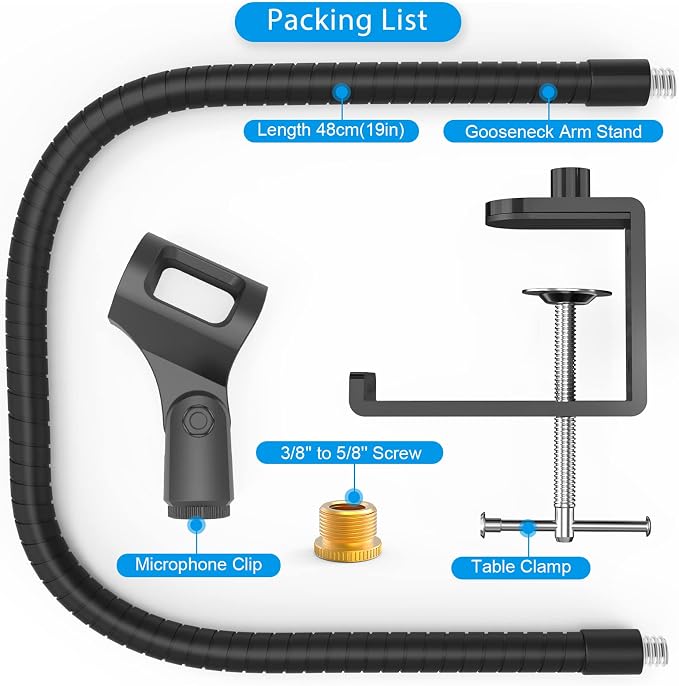 ZealSound Microphone Stand Gooseneck 19”, Flexible Clamp-On Desktop Mic Stand with 360° Adjustable Arm, 3/8" to 5/8" Adapter, Heavy-Duty Desk Mount, for Podcasting, Streaming, Podium & Public Speaking - Image 8