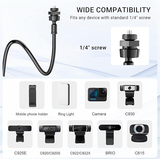 Flexible Webcam Stand Mount for Desk, Gooseneck Webcam Tripod with Clamp, Desktop Phone Holder & Table Top Tripod Compatible with Action Camera Gopro C922 C930e C920S C920 C615 C960 C920x Brio - Image 4