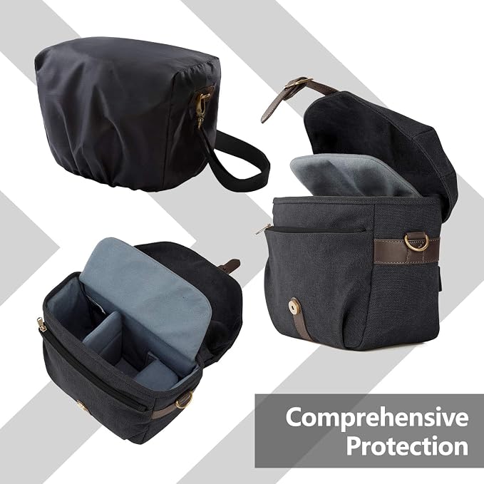 BAGSMART Canvas Crossbody Camera Bag with Rain Cover for Women Men, Black | SLR DSLR Camera Case, Compact Camera Shoulder Bag - Image 4
