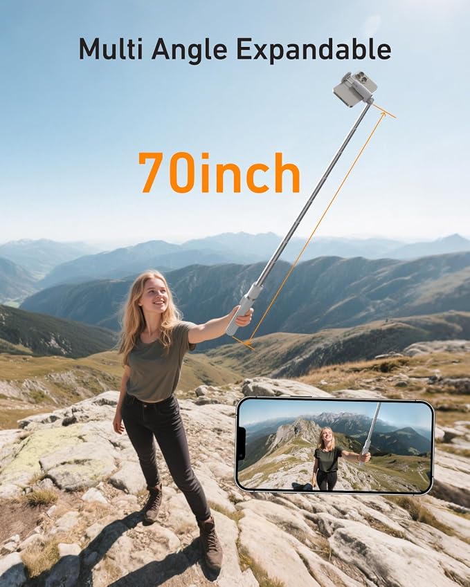 TELESIN 70" 0.1s Auto-Open Phone Tripods, Selfie Stick for iPhone & Android | Gravity-Activated Extendable Cell Phone Stand with Bluetooth Remote, 360° Adjustable Phone Tripods for Travel, Vlogging - Image 4