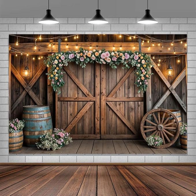 5x4ft Country Wedding Photography Backdrop Rustic Barn Door Photography Backdrop Farmhouse Pink Flower Cabin Wooden Birthday Baby Shower Wedding Bridal Party Banner Photo Booth Props Background by Mtsxfy