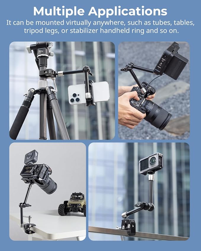 SMALLRIG Magic Arm Clamp w/ 1/4 and 3/8 Thread Holes, 9.8 Inches Adjustable | Articulating Magic Arm with Phone Holder for Action Cameras, Smartphones, LCD Monitor/LED Lights - 5326 - Image 6
