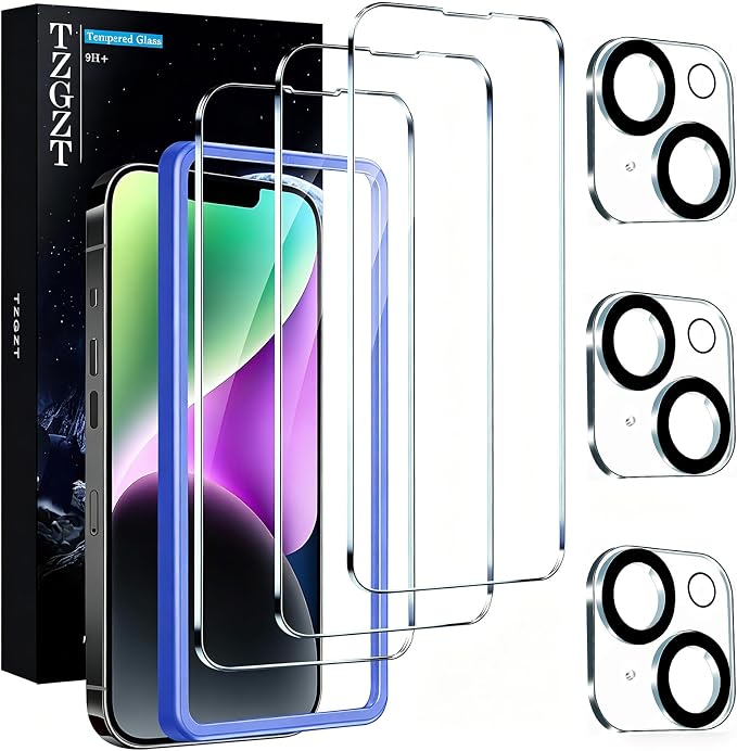 TZGZT 3 Pack Screen Protector for iPhone 14, Tempered Glass, Case Friendly | 9H+ Hardness, Military Grade Shatterproof, Anti-Scratch, HD, Easy Installation, Bubble Free, Include Camera Lens Protectors by Unknown