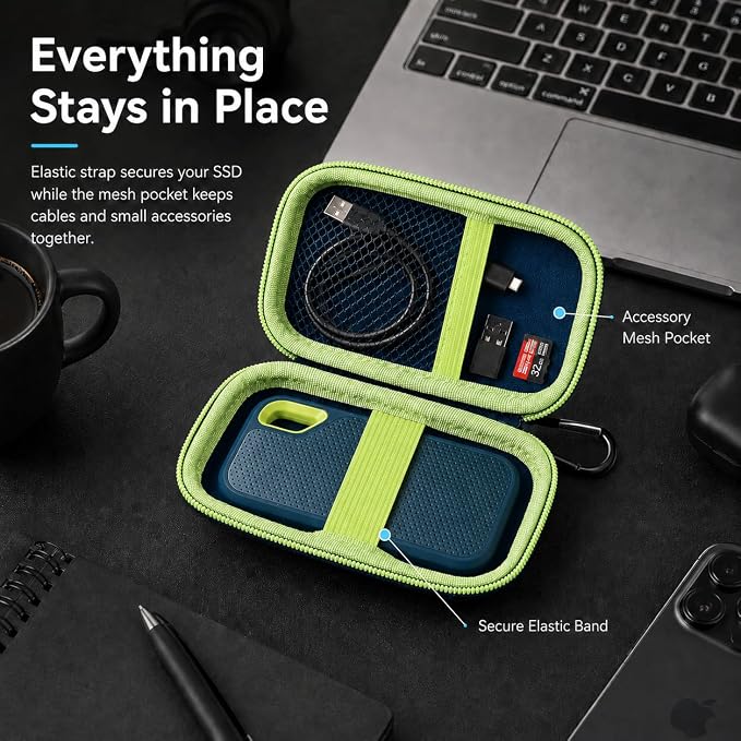 SSD Case for SanDisk Extreme Portable SSD & Extreme PRO, Hard Shell Protective Storage Bag with Carabiner, Fits 1TB 2TB 4TB 8TB External Solid State Drive for Business Travel (Green) | Elastic Strap Secures the SSD, Mesh Pocket Organizes Cables, Carabi... - Image 7