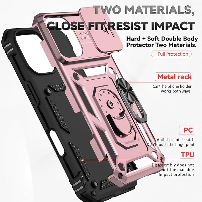 HNHYGETE for iPhone 16 Case with Screen Protector: [Military Grade 20ft. Drop Tested] Slide Camera Cover Ring Shockproof Protective Phone Case for - iPhone 16 (Rose Gold) - Image 5