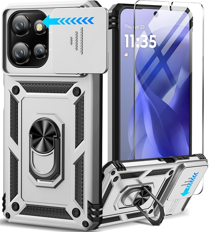 Taisairu for Motorola Moto G Power 2026/G Power 2025 Case with Screen Protector & Slide Camera Lens Cover, Built-in Ring Stand Cover for Moto G Power 2025/Moto G Power 2026 Case (Silver) by Taisairu