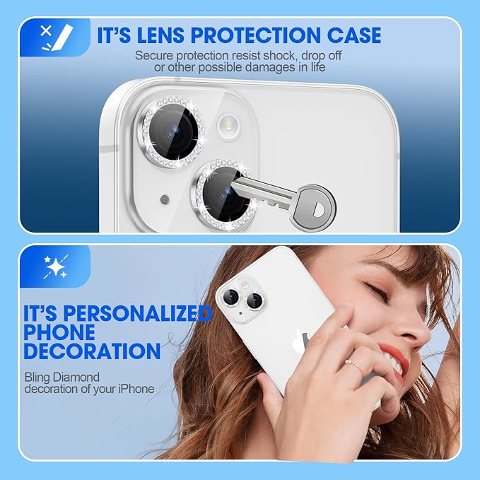 for iPhone 15/15 Plus Camera Lens Protector Bling Diamond, Silver | Individual Metal, 9H Hardness, Scratch Resistant, Shockproof, Drop Protection, Case Friendly, Stylish Accessories - Image 3