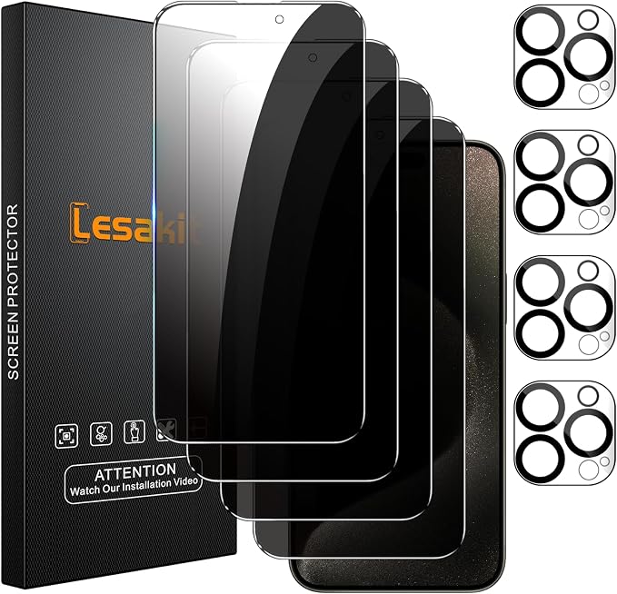 Lesakit 4+4 Pack Privacy Screen Protector for iPhone 15 Pro Max 6.7-Inch with 4 Pack Camera Lens Protector, Anti Spy Tempered Glass Film 9H Hardness Case Friendly by Lesakit