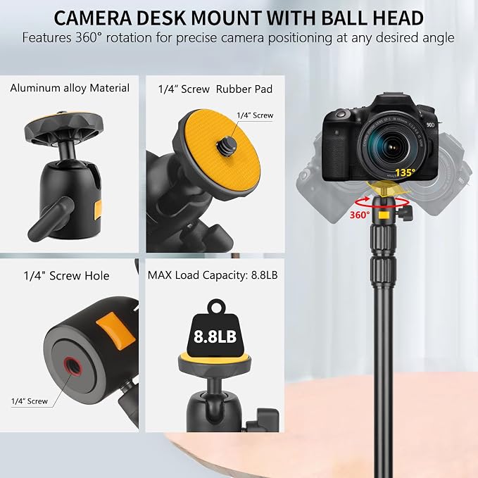 Camera Desk Mount Table Stand with Ball Head, Adjustable Light Stand with 1/4" Screw & C Clamp for DSLR Camera, Ring Light, Live Streaming, Photo Video Shooting - Image 5