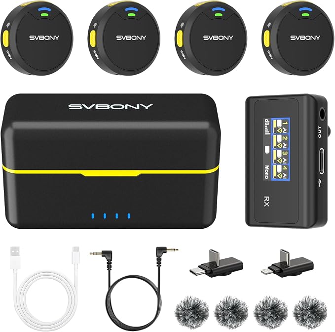 SVMic 5 4-Person Wireless Lavalier Microphones Systems with Charging Case | for Group Videos, 48kHz/24bit AI Noise Reduction, Safe Track Dual Recording, Smart Display,48H Battery by SVBONY