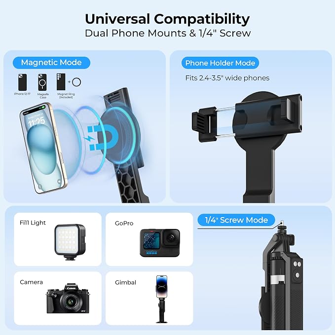 Content Creator Essentials Vlogging Kit, Magnetic Tripod & 2 Lights 2 Mics | 68" Magnetic Tripod for iPhone MagSafe/Android with Remote & 2 in 1 Magnetic Holder for Video Recording/Travel/Vlogging - Image 3
