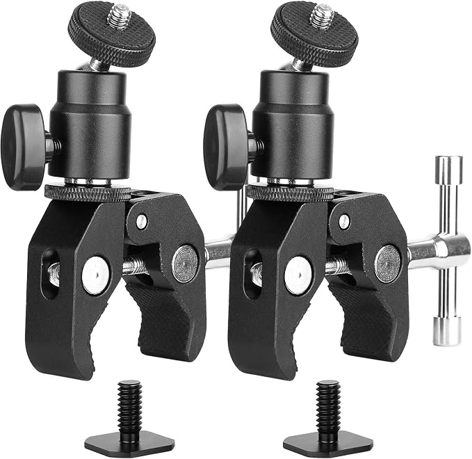 ChromLives Camera Clamp Mount Ball Head Monitor Clamp Super Clamp and Mini Ball Head Hot Shoe Mount with 1/4''-20 Tripod Screw for LCD/DV Monitor, LED Lights, Flash, Microphone and More 2Pack by ChromLives