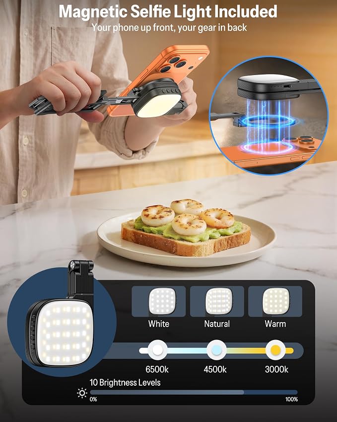 OMOTON TP02-Pro-PK 65" Magnetic Phone Tripod Kit with Fill Light & 2 Remote | Arca-type Base with a 1/4" Screw Hole, Adjustable Height, 10-level Adjustable Brightness, USB-C Charging, for iPhone 12-17 - Image 2