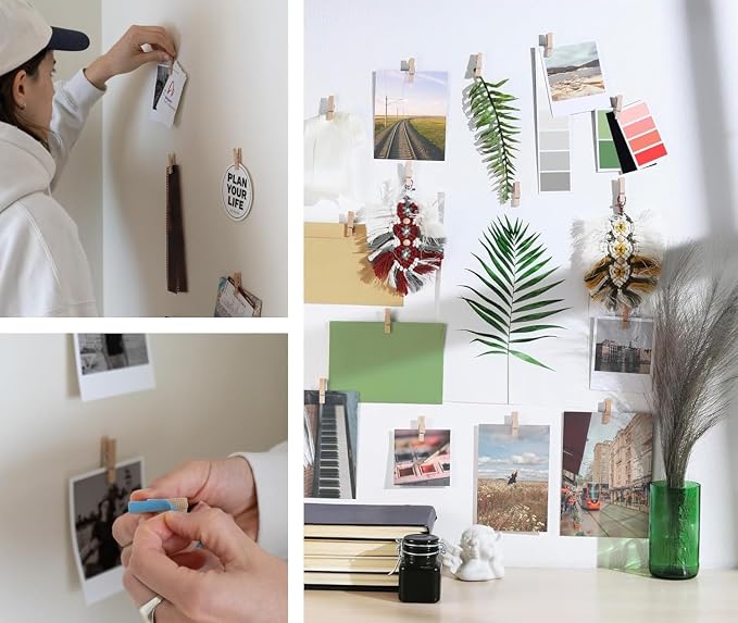 100 Pack Mini Self Adhesive Clips for Pictures - Wood Clip Photo Holders for Wall, Photo Cards Hanging Display Board & Picture Boards, Artwork Photos Holders Hangers Room Decor (Light Wood 100pack) - Image 6