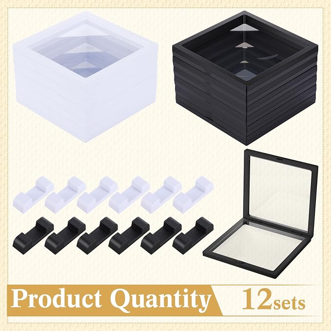 Harloon 12 Pcs 3D Floating Display Case, Black White, 7 x 7 x 0.8, Square | 3D Floating Frame for Challenge Coins, Medallions, Fossils, Gemstones, Jewelry, Collectibles Shadow Box Display Holder - Image 4