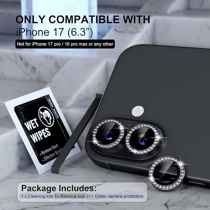 Choiche for iPhone 17 Camera Lens Protector Bling, Diamond-Black | Ultra HD, 9H Tempered Glass Camera Cover Screen Protector Metal Individual Ring Decoration Accessories, 2-Lens, 6.3-inch - Image 2
