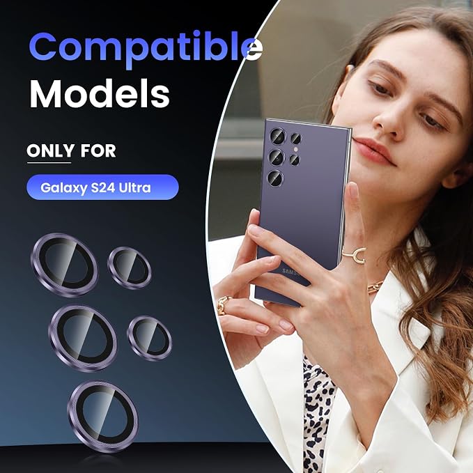 Tensea Compatible with Samsung Galaxy S24 Ultra Camera Lens Protector | 9H Tempered Glass Camera Cover Screen Protector Metal Individual Ring [Installation Tray][Case Friendly] - Image 2