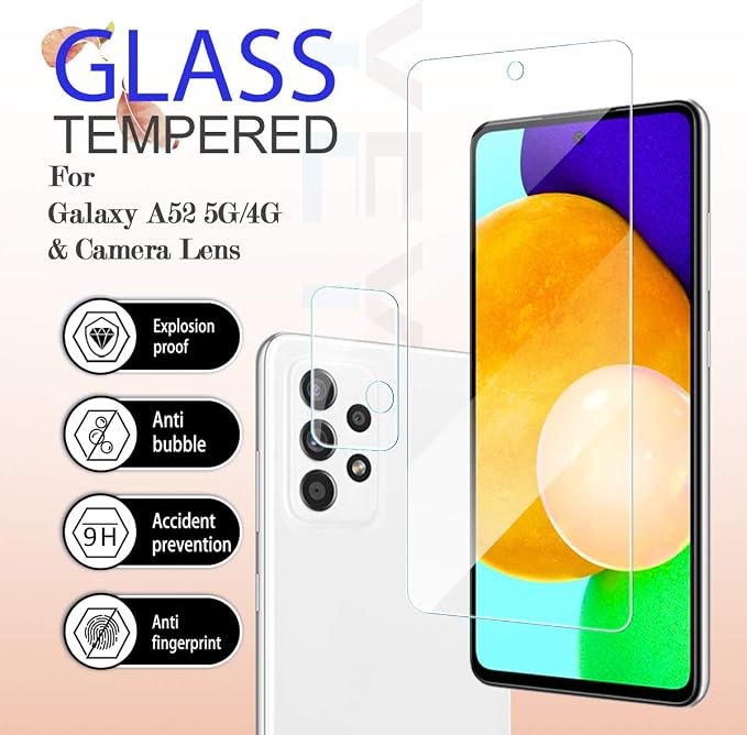 Galaxy A52 HD Clear Tempered Glass Screen Protector + Camera Lens Protectors, [2+2 Pack] [3D Glass] [Anti-Glare] [Bubble-Free] Screen Protector Glass For Samsung Galaxy A52 5G - Image 2
