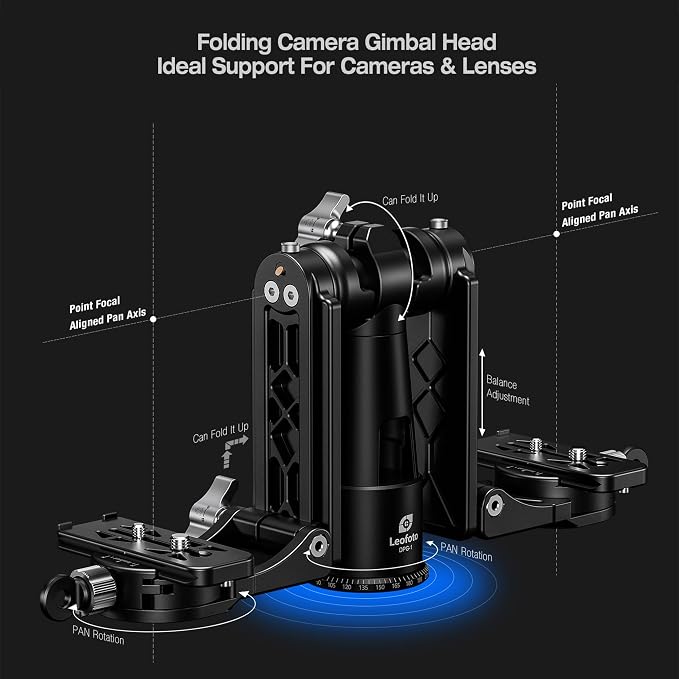 Leofoto Dual-Camera Gimbal Head, Professional Videographer Foldable Gimbal Head with 360° Panorama Shooting and 3/8” Screw Threaded for Cameras/Spotting Scopes, Max Load to 25kg/55.12 lb (DPG-1) - Image 2