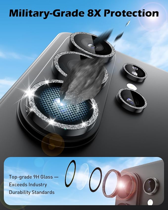 CloudValley for Samsung Galaxy S26 Ultra Camera Lens Protector Bling | 9H Tempered Glass + Aluminum Alloy Lens Protective Ring [Glitter Decoration] Ultra-HD Individual Lens Cover,Glitter Black - Image 3