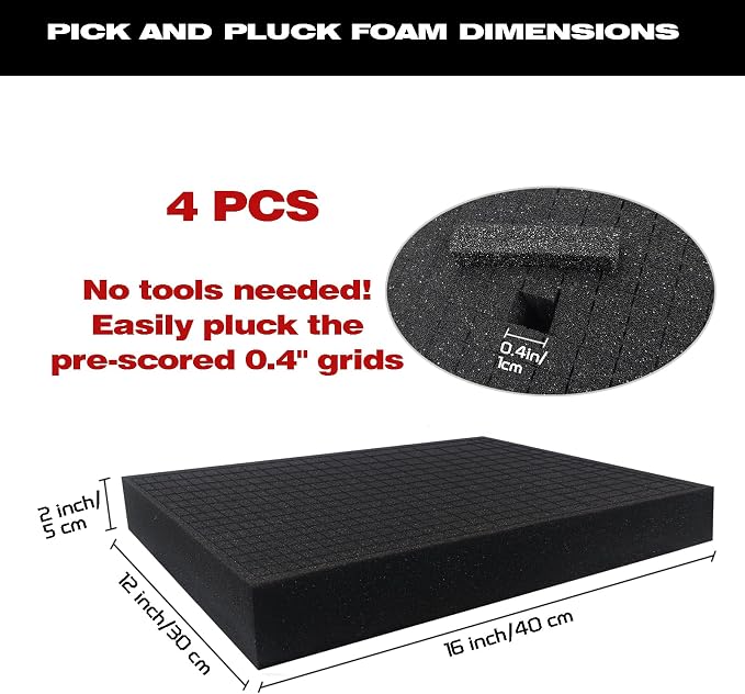 KYHSOM 4 Pack Pick and Pluck Foam 16x12x2 Inch - Pre-Cubed Cell Polyurethane Sheets for Tool Box, Camera, Craft and Protective Case Liner Organizer - Image 3